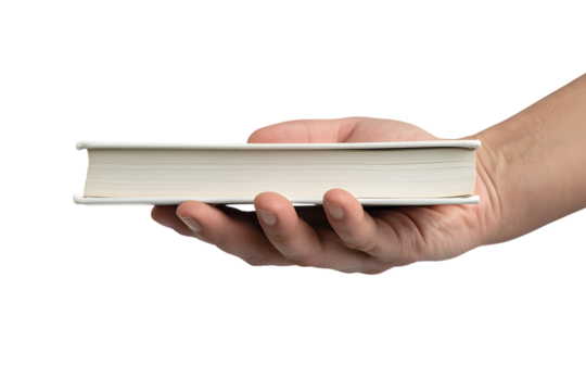 Hand holding a closed book isolated on transparent background