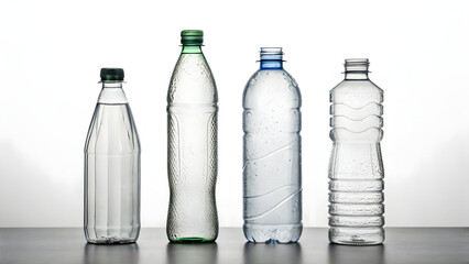 Intact and crushed PET bottles sequence on white background