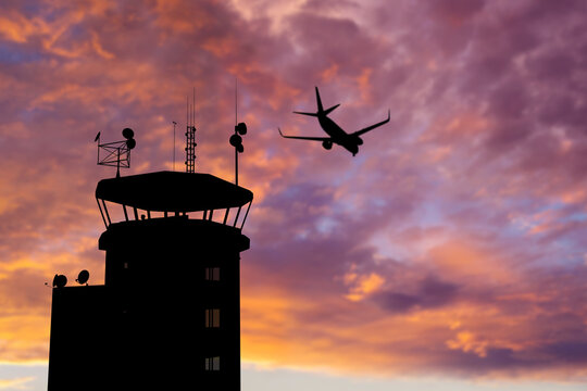 Air Traffic Control Tower at Airport As Airplane Takes Off. This is a 3D Rendering.