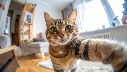 A brown tabby cat takes a selfie, with green eyes and a wide angle view of a tidy, bright room