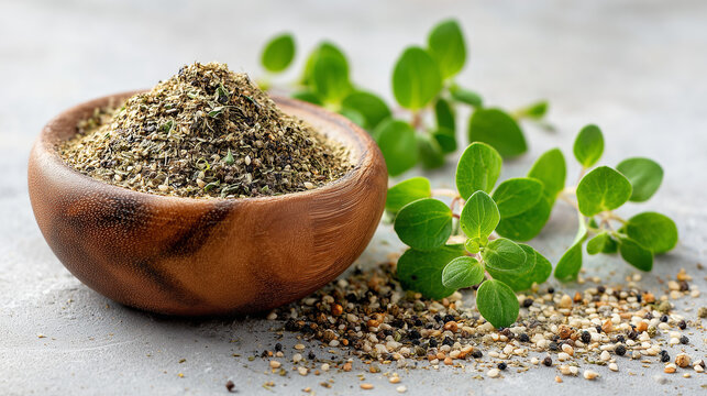 A wooden bowl filled with mixed za’atar spice blend, surrounded by fresh green oregano leaves on a light stone surface. Textured mixture of herbs, sesame seeds, and spices.
