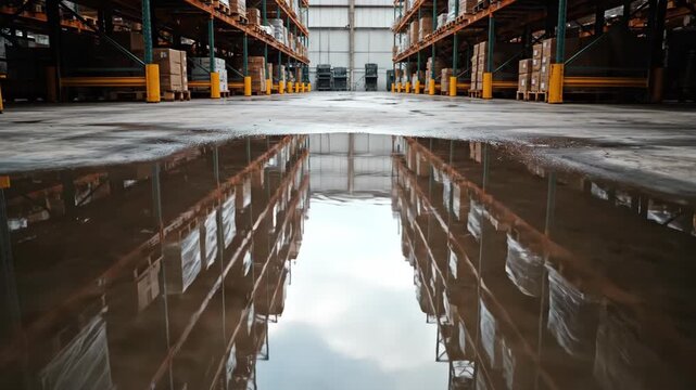 Warehouse racks reflect in puddle of water on concrete floor.