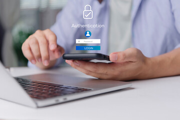 User secure login authentication password. Cybersecurity concept data protection. Man hand using smartphone laptop desk. Virtual screen padlock icon internet technology privacy.