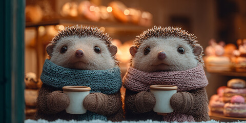Two adorable hedgehogs wearing scarves and holding cups in front of bakery window Concept of winter, friendship, and holiday cheer