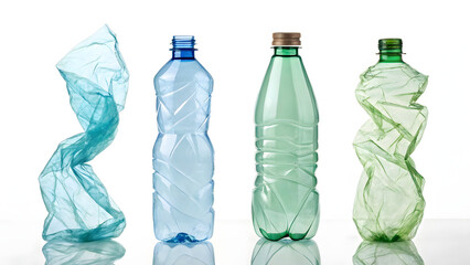 Lineup of recycled plastic bottles on white background