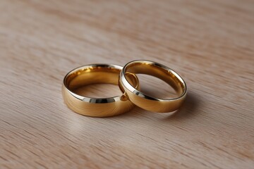 Pair of gold wedding bands on wooden surface