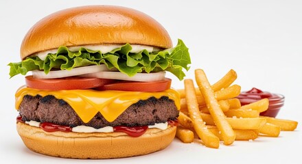 Delicious Cheeseburger with Crispy French Fries and Ketchup