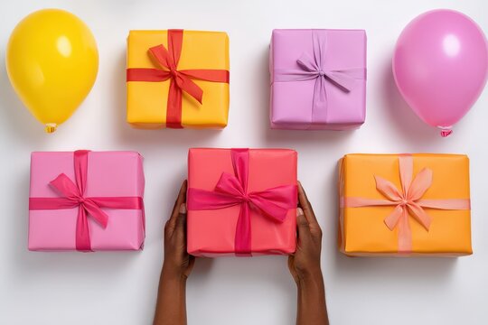 Delightful gift boxes in vibrant colors showcasing festive celebration with cheerful balloons elevating anticipation for joyful moments and surprise memories captured with clarity