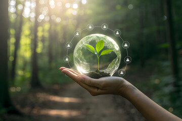 Luminous eco-tech orb in palm with sustainability symbols