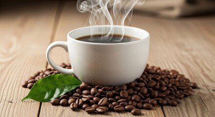 Steaming Hot Coffee Cup Surrounded by Roasted Beans and Green Leaf