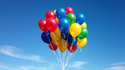 Colorful bunch of balloons floating against a bright blue sky - Powered by Adobe