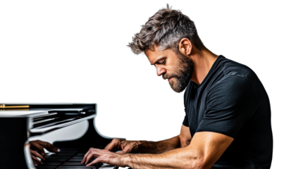 Pianist Playing Grand Piano on Transparent Background