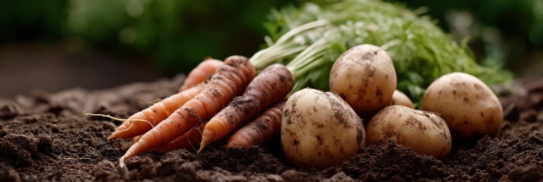 Freshly harvested organic carrots and potatoes in rich soil