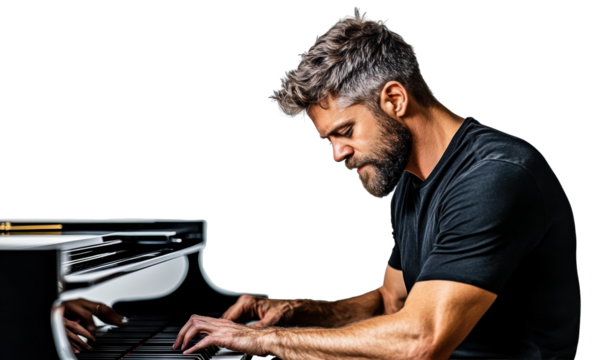 Pianist Playing Grand Piano on Transparent Background