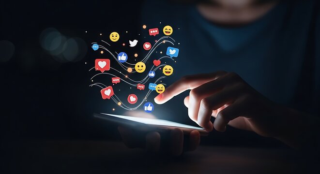 A woman scroll mobile phone at dark night, social icon emoji up wave .	 - Powered by Adobe