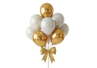 Elegant bunch of gold and white balloons with a bow isolated on transparent background