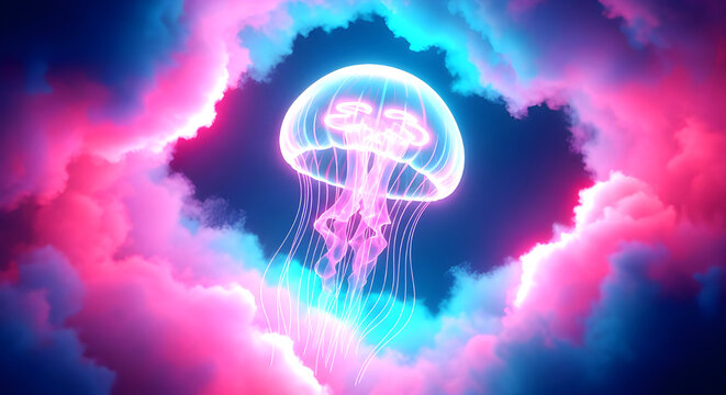 Translucent glowing jellyfish in a pink and blue cosmic cloudscape.jpg