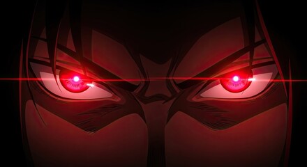 Intense anime character with glowing red eyes focused on the viewer