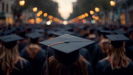 Large group of graduates wearing caps and gowns gathered outdoors in soft evening light during a ceremony on a city street lined with glowing lamps