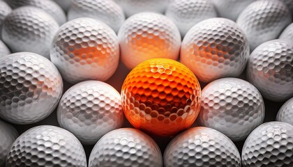 one orange golf ball standing out among white balls n unique concept image