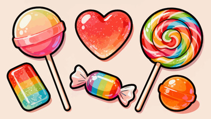 A collection of various candies, cartoon hand-drawn vector illustrations, lollipops, gummy candies, fruit candies, chocolate candies, and crystal candies
