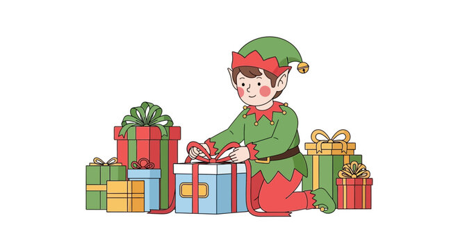 Cute cartoon christmas elf kneeling and wrapping presents with red ribbon surrounded by gift boxes on a white background
