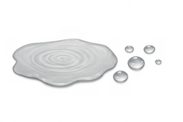 Water drop hitting clean liquid surface, creating concentric ripples in a clear puddle with separate small drops