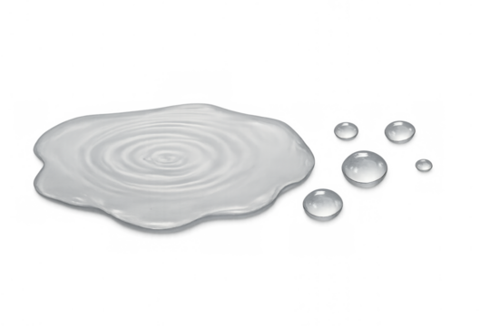 Water drop hitting clean liquid surface, creating concentric ripples in a clear puddle with separate small drops