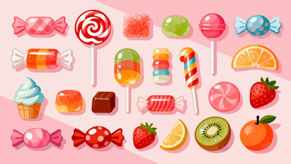 A collection of various candies, cartoon hand-drawn vector illustrations, lollipops, gummy candies, fruit candies, chocolate candies, and crystal candies