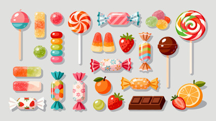 A collection of various candies, cartoon hand-drawn vector illustrations, lollipops, gummy candies, fruit candies, chocolate candies, and crystal candies