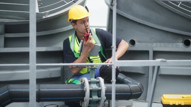 Engineers inspecting HVAC cooling systems on rooftop