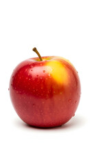 A single, ripe red apple with water droplets on its skin, set against a clean white background.