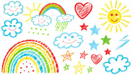Cheerful hand-drawn weather icons and whimsical shapes create a childlike feeling of joy and wonder, perfect for children's designs and playful projects