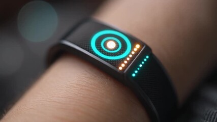 Fitness wrist band showing a glowing circular HUD and dotted progress row; modern UI, no brands or numbers—ideal for ads, dashboards, and health tech demos - Powered by Adobe