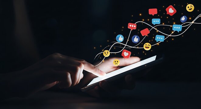 A woman scroll mobile phone at dark night, social icon emoji up wave .	