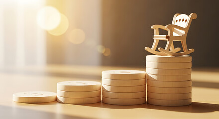 Wooden rocking chair on stacked discs a symbol of retirement savings and financial planning for a comfortable and secure future