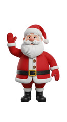 A cheerful 3D rendering of Santa Claus waving hello with his right hand.