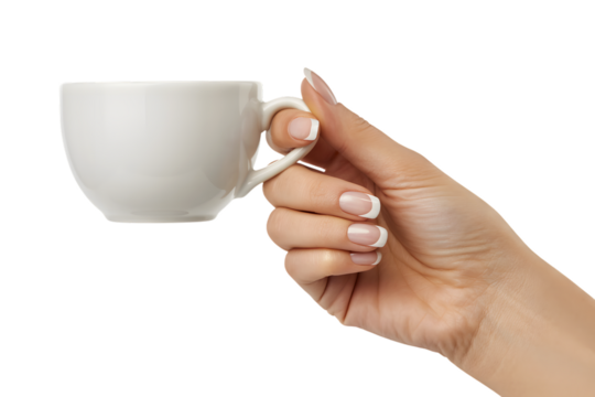 Hand holding a white ceramic coffee cup isolated on transparent background