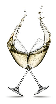 Two champagne glasses clinking together with splashing bubbly liquid against a white background.