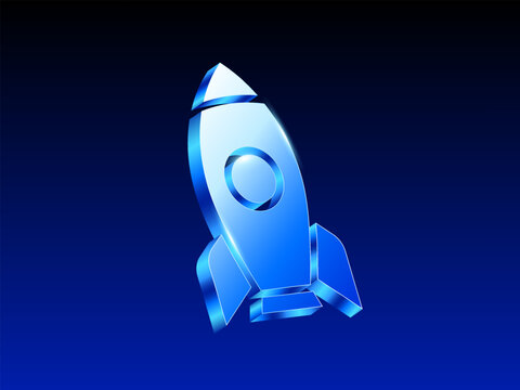 A glossy blue 3D rocket icon on a dark gradient background, symbolizing innovation, startup launch, success, and futuristic technology. 3d vector illustration. Vector illustration