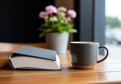 Cozy scene of an open book and a cup of coffee on a wooden table with flowers