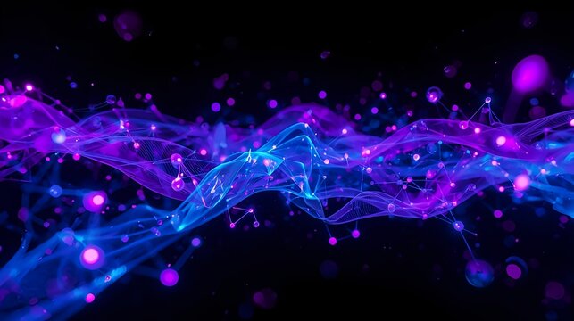 Abstract futuristic technology background with glowing purple and blue plexus. Digital data network and particle wave connection concept