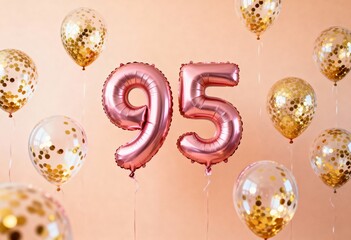 Pink metallic balloons displaying the number 95 with gold confetti balloons