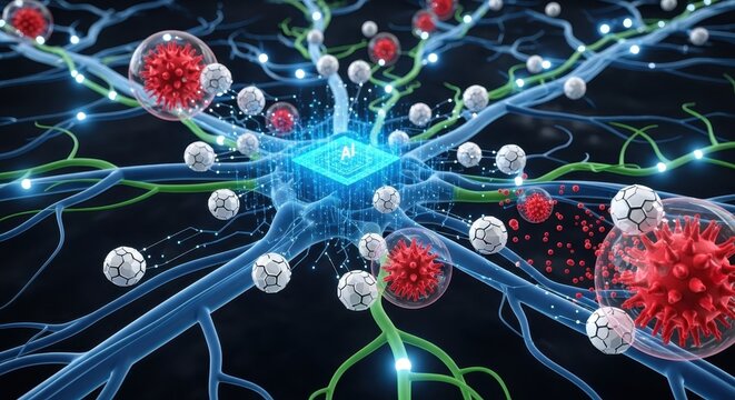 Innovation in Neuroscience: This vibrant image unveils a detailed view of a microscopic neural network, interwoven with data streams and advanced scientific concepts.