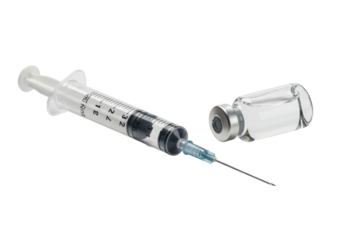 highly detailed photorealistic macro of a disposable hypodermic syringe and sealed pharmaceutical vaccine vial on a glossy white sterile surface. concept of medical precision and development