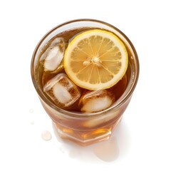 A refreshing glass of iced tea, perfectly chilled with ice cubes and a vibrant lemon slice, presented elegantly from a top-down view on a clean white surface with subtle liquid drops