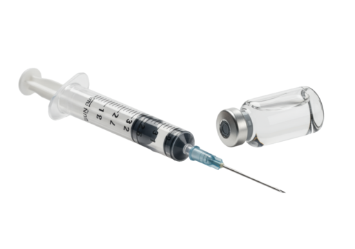highly detailed photorealistic macro of a disposable hypodermic syringe and sealed pharmaceutical vaccine vial on a glossy white sterile surface. concept of medical precision and development