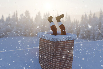 Santa Claus stuck in a snow-covered chimney on a rooftop, with legs comically protruding, set...