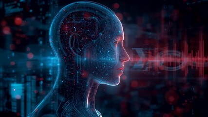 Digital human head with glowing circuits and neural patterns displayed in a high-tech environment featuring red and blue data elements and sci-fi lighting - Powered by Adobe