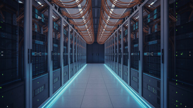Futuristic neon lit corridor with reflective surfaces and starry background